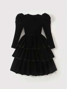 青少年女孩黑色天鹅绒方领羊腿袖多层下摆优雅连衣裙 - 黑色 - 查看 2