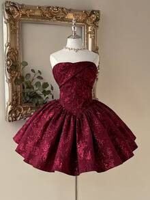 Lovelzi Elegante, romantico e alla moda abito formale con decorazione plissettata sul busto in tessuto jacquard rosso vino, adatto per feste, matrimoni, cocktail, balli - Bordò - Visualizzare 2