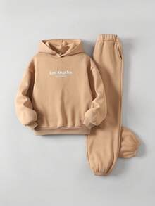 Ontre 2件套Tween Girl字母图案连帽衫和慢跑裤套装 - 咖啡棕 - 查看 8