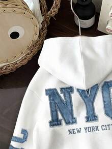 大码女式字母贴花时尚长袖连帽卫衣 - 白色 - 查看 3