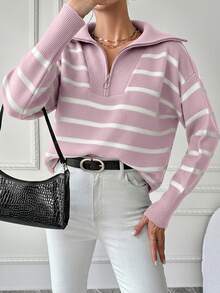 Suéter holgado de punto casual con cremallera y hombros caídos a rayas para mujer - Rosa Pálido - Ver 3