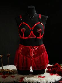 SpicyHot Sexy 5-teiliges Set in Große Größen mit herzförmigem, glänzendem, reflektierendem Top + G-String + Mini-Rock + Nippelklebern, romantisch für den Valentinstag - Rot - Übersicht 1