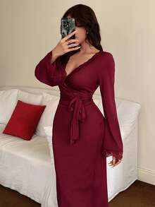 Napfluff Flared Sleeve Lace Trim Tie Waist Fitted Women Nightgown - Burgundy - View 4