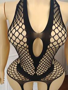 ChaseTheNight 加大码女式性感内衣镂空透视连体袜弹力开裆紧身衣 - 黑色 - 查看 5