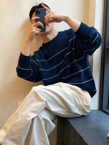 DAZY Men's Navy Blue Base White Striped Sweater, Autumn