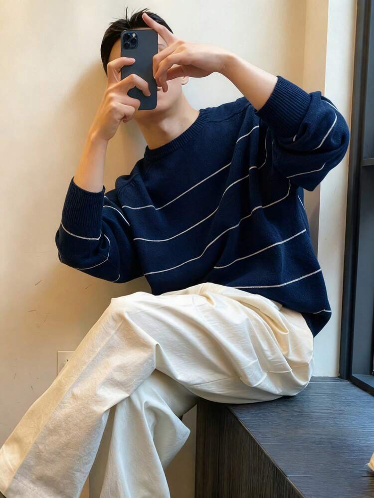 Men's Navy Blue Base White Striped Sweater, Autumn