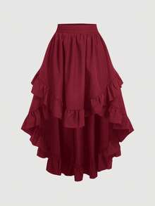 SHEIN MOD 大码女式复古酒红色荷叶边半身裙和酒红色露脐上衣两件套 - 酒紅色 - 查看 5