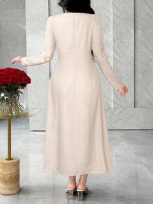 Feyla 1件女士优雅纯色纽扣设计长袖连衣裙 - 杏色 - 查看 6