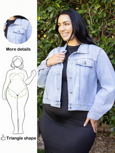 Truni 大码前扣长袖口袋休闲牛仔夹克