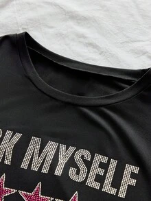 AXEPEAK Men's Star & Letter Rhinestone Embellished Fashionable Short Sleeve T-Shirt - Black - View 3