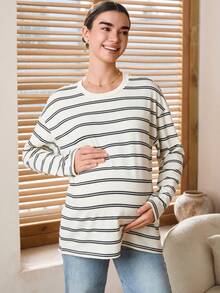 SHEIN Pregnant Women's Striped Round Neck Drop Shoulder Long Sleeve Casual Versatile T-Shirt Lingerie Lingerie Set Underwear Women Pajama Pajama Dress Loungewear Nightgown Robe Sleepwear Sleepwear Set Tank Top With Bra Maternity Tops Maternity Clothes T Shirts Pregnant Clothes Nursing Top Post Partum Clothes Striped Long Sleeve Stripe Top Long Tshirts Women - Multicolor - View 3