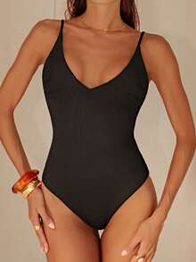 Bonvoyette 2026 Spring/Summer Black Spaghetti Strap Deep V-Neck Fitted Elegant Solid Color One-Piece Swimsuit For Women - Black - View 5