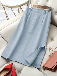 Franclia Chân váy len xương cá tối giản thời trang thu đông dành cho nữ, dáng váy dài vừa, cạp cao, xẻ tà, dày dặn, mang đến nét thanh lịch - Màu xanh bạc hà - Xem 2