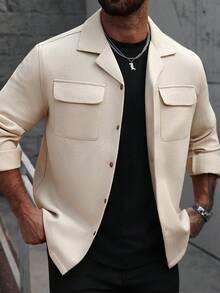 Manfinity CasualCool Plus Size Men's Casual Fashion Street Style Simple Solid Color Lapel Collar Flap Pocket Shacket, Autumn Beige Men Cream Button Up Men Long Sleeve Button Up Shacket Casual Shirt With Two Pockets Long Sleeve For Men - Apricot - View 6
