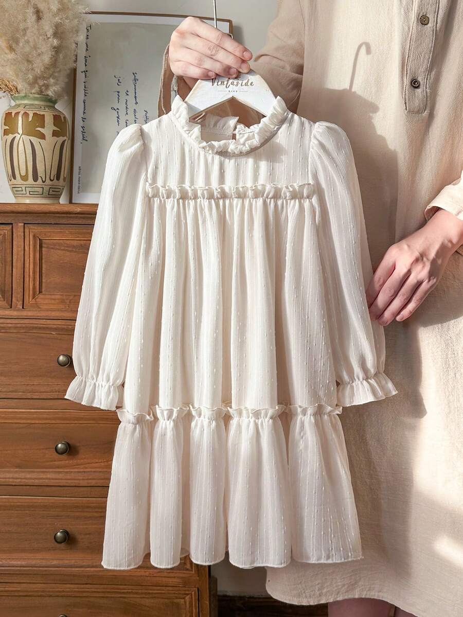 SHEIN Vintaside Kids Girls Elegant Princess Ruffled Collar, Bubble Long Sleeve Jacquard Embroidery Double Layered Sleeve, Ruffled Hem Loose Ladylike Princess Dress, Suitable For Vacation, Travel, Party Gifts, Spring And Autumn - Apricot - View 1
