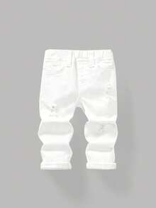 SHEIN 男童白色破洞紧身牛仔裤 - 白色 - 查看 1