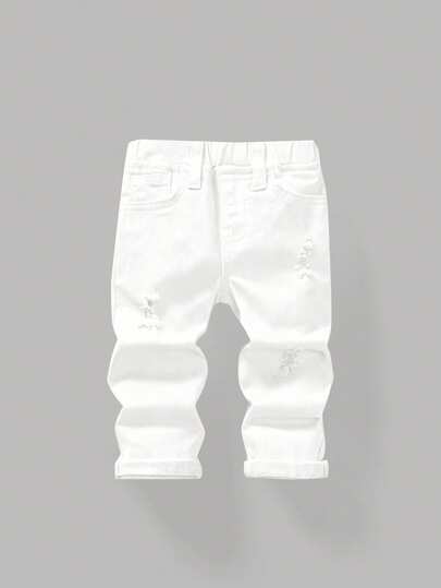 SHEIN 男童白色破洞紧身牛仔裤