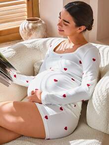 SHEIN 2pcs Maternity Heart Print Square Neck Long Sleeve Top And Shorts Set Lingerie Lingerie Set Underwear Women Pajama Pajama Dress Loungewear Nightgown Robe Sleepwear Sleepwear Set Tank Top With Bra Pregnancy Clothing 2 Piece Maternity Set Maternity Pajamas Long Sleeve Maternity High-Elastic Sleepwear Sleep Wear Women Maternity Dress Long Sleeve Maternity Dress Sexy Maternity Dress - Multicolor - View 4