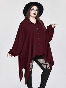 ROMWE Goth 大码女式哥特式不对称下摆蝙蝠袖宽松开衫衬衫 - 酒紅色 - 查看 7