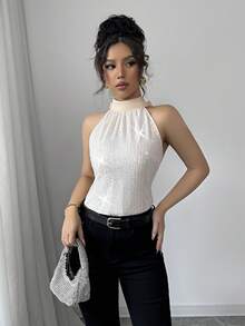 Almamuse 女士优雅亮片系带无袖衬衫，修身派对上衣，夏季 - 彩色 - 查看 5