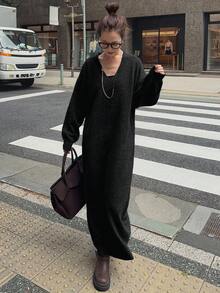 FRIFUL Women's Solid Color Round Neck Drop Shoulder Long Sleeve Straight Loose Casual Versatile Long Sweater Dress, Autumn