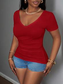 Slaydiva 2025 New Plus Size Women Casual Basic Racerback Sleeveless Deep V-Neck Ribbed White T-Shirt - Red - View 5