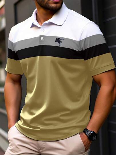 Manfinity Homme Camisa polo casual holgada de manga corta con estampado de caballero para hombres de talla grande