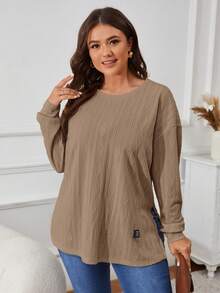 SHEIN VCAY Kaos Lengan Panjang Kasual Serbaguna dengan Belahan dan Aplikasi untuk Ukuran Plus, Kerah Bulat, dan Kasual - Khaki - View 3