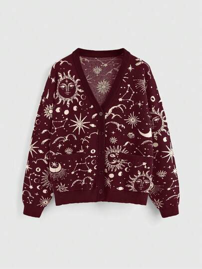 ROMWE Goth Áo khoác cardigan dệt kim Jacquard hình ngôi sao và mặt trăng bí ẩn dành cho phụ nữ ngoại cỡ, màu đỏ rượu vang