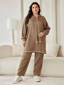 Veilorie 2 Pieces Set Plus Size Solid Color Hooded Sweatshirt And Pants 2 Pieces Set - Khaki - View 6