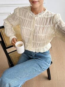 Serisse 女士纯色常规肩部喇叭袖衬衫，法式成熟优雅立领荷叶边衬衫，3D刺绣褶皱设计，复古宫廷风长袖上衣，时尚优雅，女士上衣，春季女装，春假白色薄纱上衣奶油色休闲衬衫 - 米色 - 查看 6