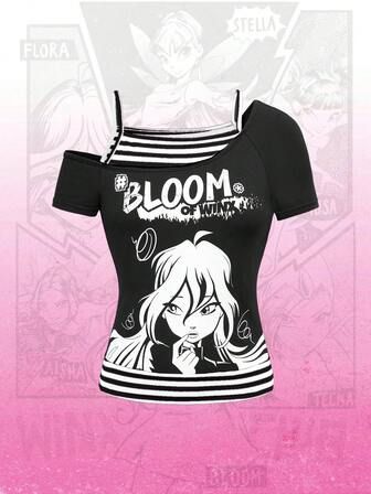 Winx Club X ROMWE Women's Faux Two-Piece Striped Portrait Pattern Asymmetric Shoulder Fitted T-Shirt
