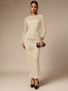 Silquee Women's Solid Color Mesh Patchwork Ruffle Long Sleeve Dress - Apricot - View 6