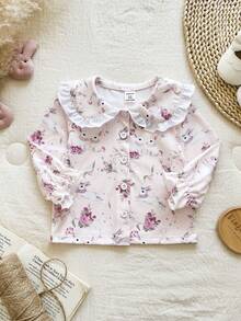 SHEIN Vintaside Kids 1件女婴兔子花卉印花长袖荷叶领纽扣休闲可爱衬衫上衣，适合春秋季郊游、度假、玫瑰园聚会、派对、复古户外休闲优雅节日穿着，也适合圣诞节、新年、情人节等场合。 - 粉色 - 查看 5