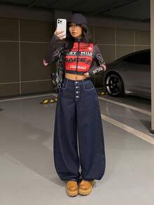 StreetHx 时尚休闲街头风按扣低腰原牛皮筒形牛仔裤