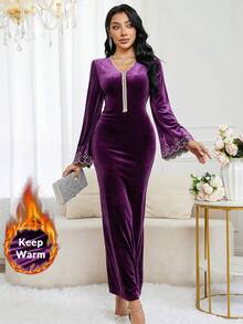 Al Najma 女式 V 领插肩袖复古别致修身阿拉伯风格连衣裙 - 紫色 - 查看 1