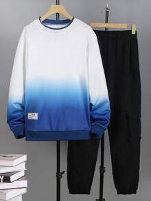 Vacaura 2pcs/Set Teenage Boys Casual Blue & White Ombre Pullover T-Shirt Set With Woven Cargo Pants, Fashionable & Suitable For Daily Wear, Commuting, School - Multicolor - View 6