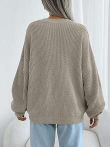 EURMUSE Women Solid Color Round Neck Drop Shoulder Chunky Pullover - Beige - View 2