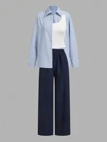 SHEIN LUNE 女士休闲条纹衬衫和裤子三件套/组 冬季女装 休闲套装 两件套 工作服 夏季休闲装 - 彩色 - 查看 15