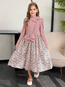 Tween Girl Floral Patchwork Bow Decor Dress Fall Winter