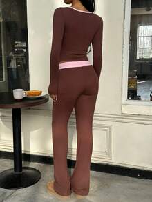 MainGRL 2pcs/Set Women Casual Deep V-Neck Long Sleeve T-Shirt And Drawstring Waist Flare Pants,Autume - Rust Brown - View 2