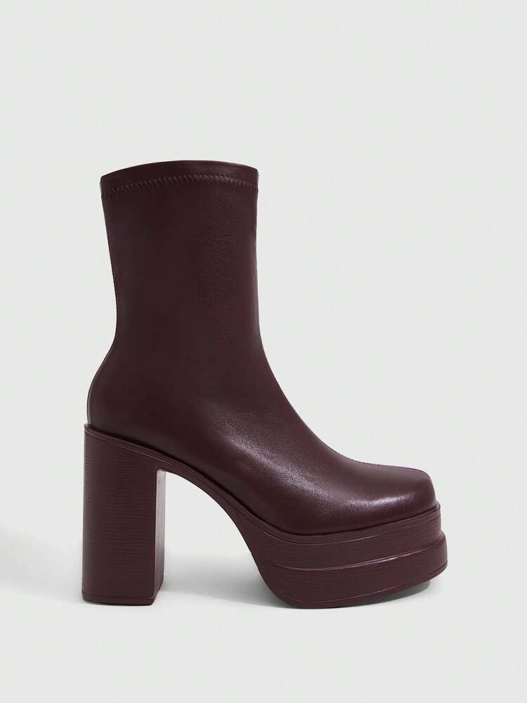 CUCCOO SZL Women's Square Toe PU Leather Boots With Defined Sole, Red-Brown Color, Fashion Minimalist Design, Comfortable For Daily, Party, Nightclub, Side Zipper