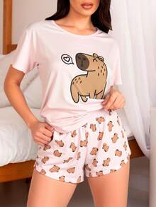 Bộ đồ ngủ gồm áo phông và quần short in hình hoạt hình. - Bụi hồng - Xem 4