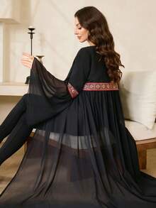 Al Najma Áo choàng Abaya rộng rãi họa tiết hoa chắp vá dành cho nữ, tay dài - màu đen - Xem 7