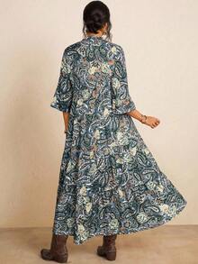 Freevana Plus Size Paisley Print Ruffle Hem Casual Vacation Dress - Dark Green - View 2