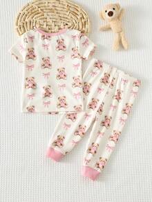 Cozy Pixies 女婴卡通熊印花针织柔软圆领长袖上衣和弹力腰带打底裤两件套睡衣 - 彩色 - 查看 3