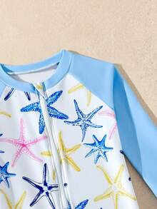 Sparklyn Infant/Baby GirlBeach Holiday Style Printed One-Piece Long Sleeve Swimsuit, Suitable For Vacation And Pool Play Toddler Swimsuit Toddler Beach Wear Toddler Long Sleeve Swimsuit Toddler Rash Guard Girl Summer Vacation Thermal Christmas Holiday Festival New Years Valentines Swim Toddler Girl Rash Guard