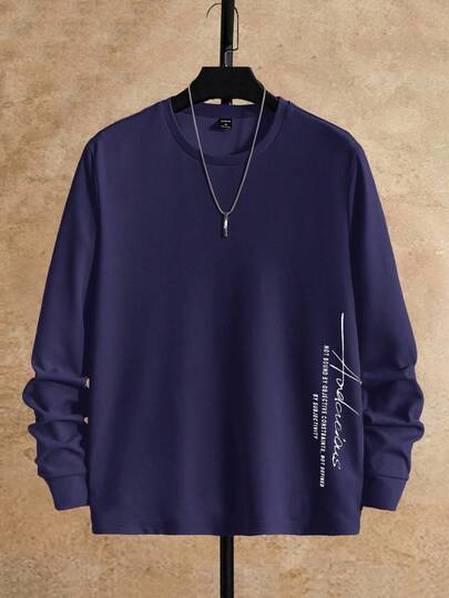 HIMLAND 男士字母印花圆领针织休闲长袖T恤