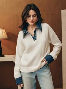 Anewsta 女士休闲优雅落肩长袖高领毛衣 - 白色 - 查看 4