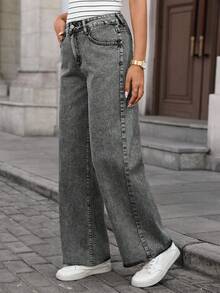 EMERY ROSE Jeans de pierna ancha de cintura alta con bolsillos, versátiles y casuales para mujer - Gris - Ver 3